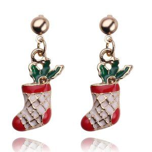 Christmas Stocking Gold Red Dangle Earrings